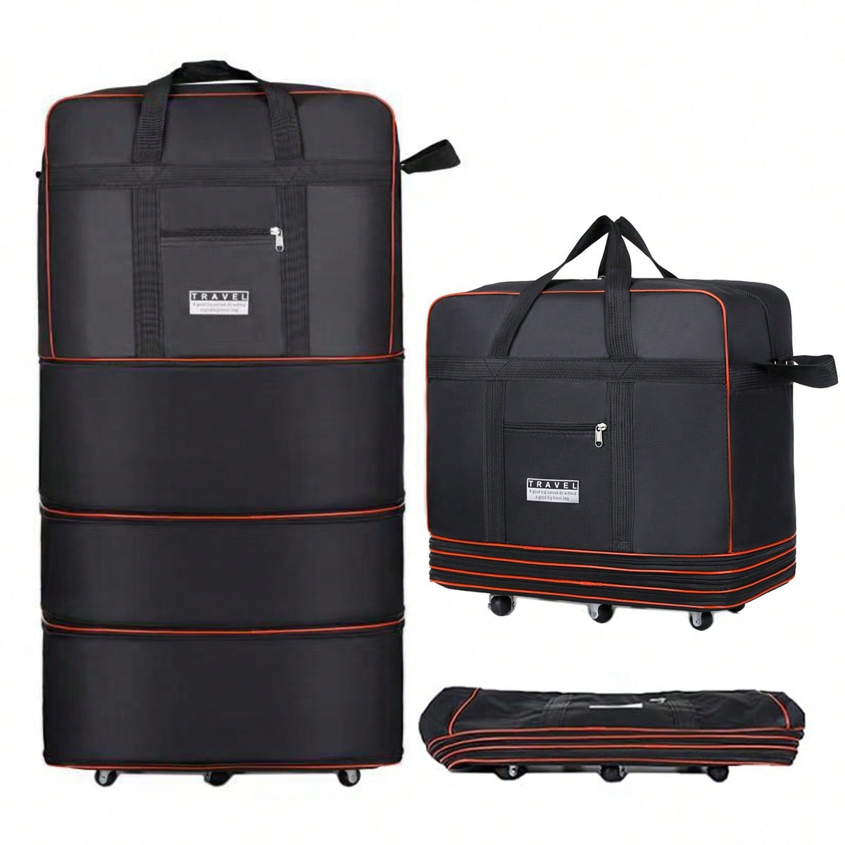 Foldable Rolling Luggage Bag - Schwarze, zusammenfaltbare Reisetasche mit Rollen, erweiterbare,
